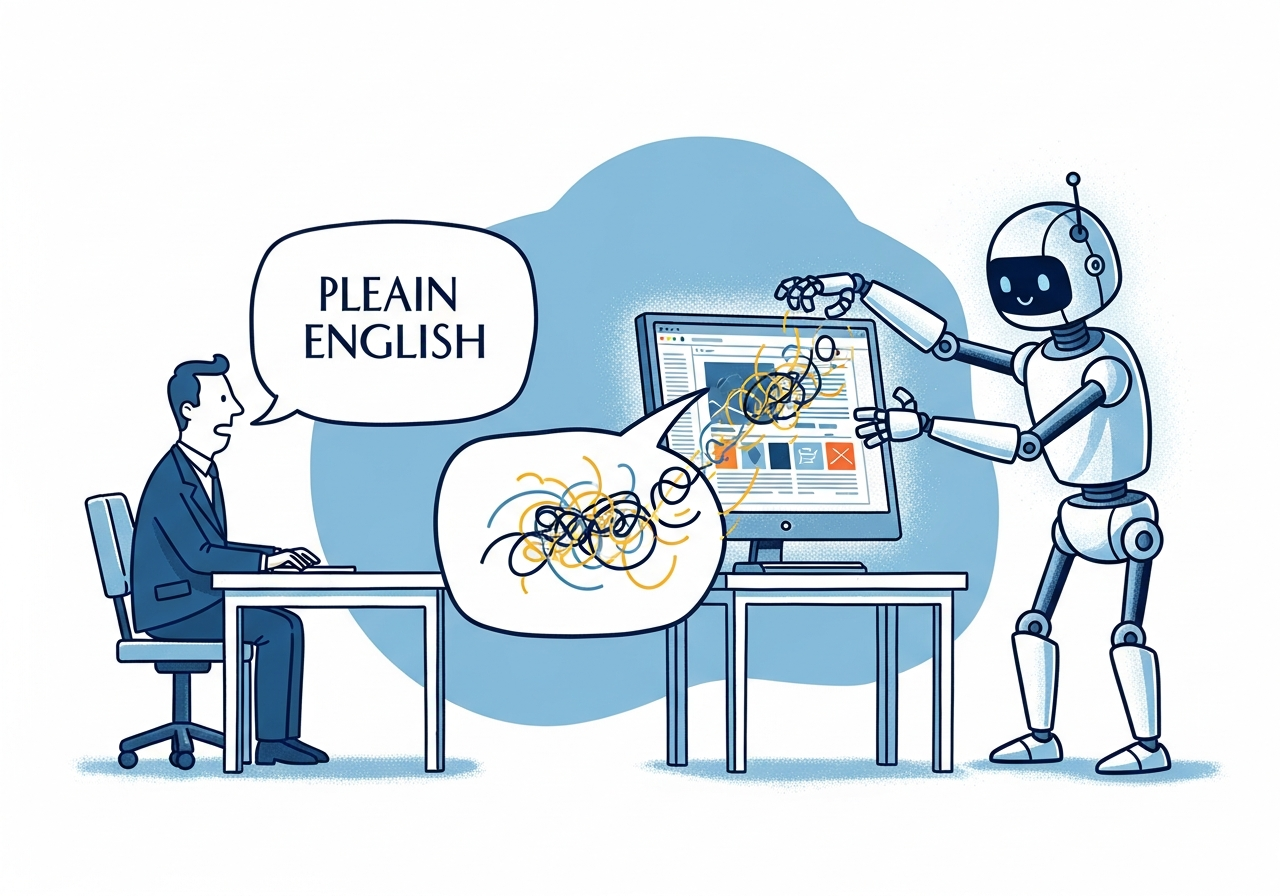 Illustration: How vibe coding works — plain English in, working software out